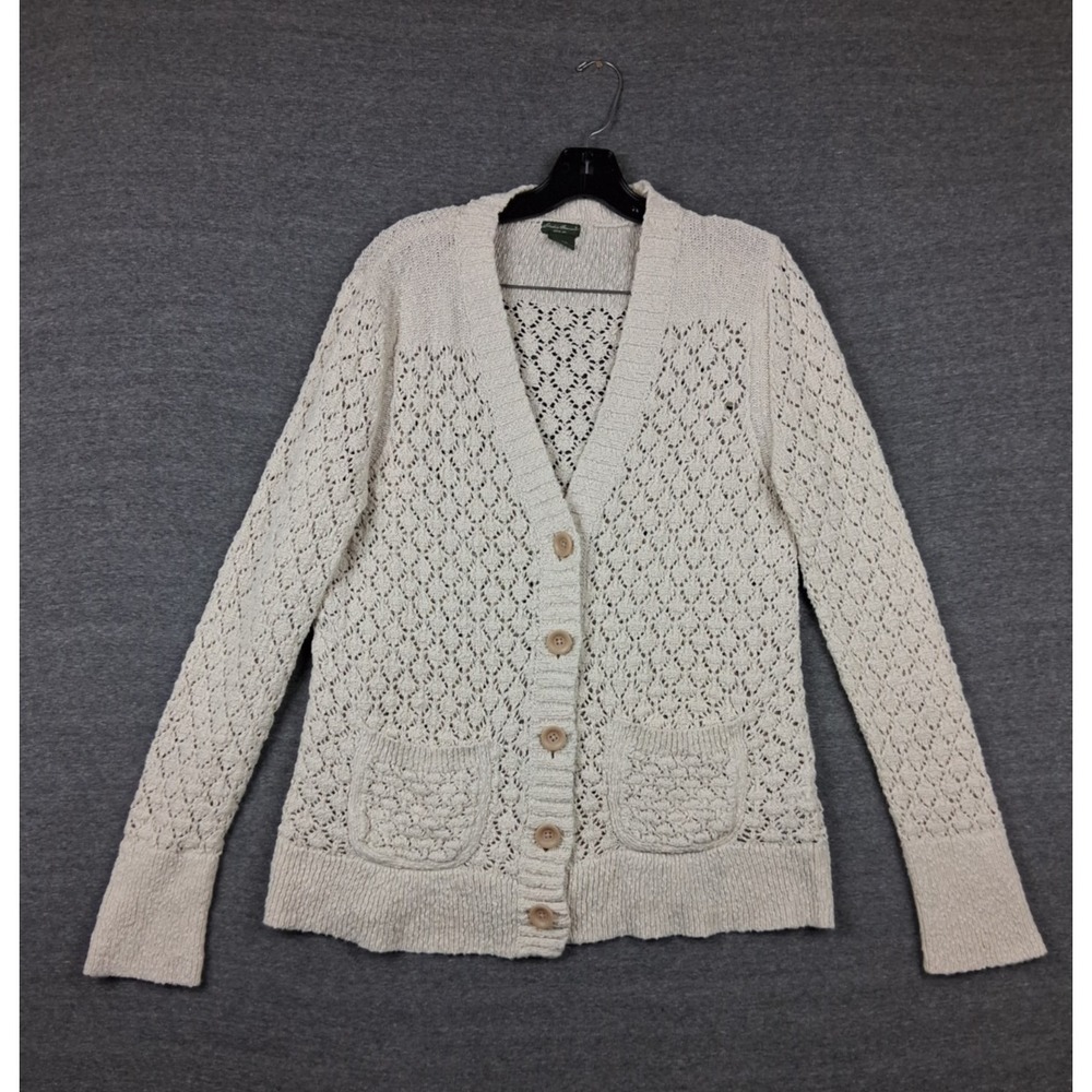 Eddie Bauer Womens Sweater L Beige‎ Cardigan Pointelle Coastal Boho Academia